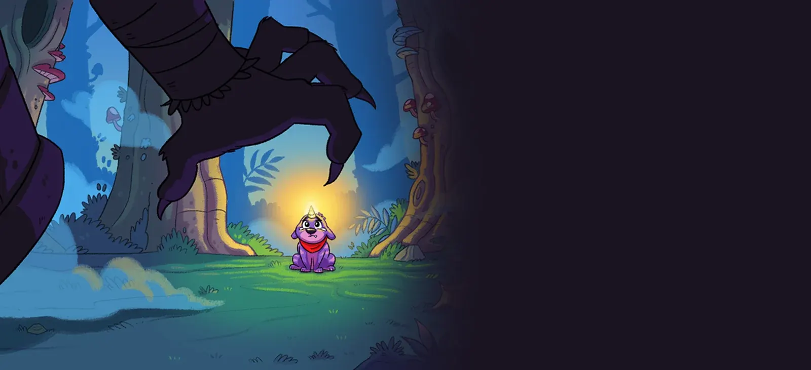 2D scene (animation & picture book): Bucky the Unicorn Bear, a purple cartoon 2D character with a glowing horn, cornered with a dark gloomy forest,. The Hunter is in the foreground, we can only see his hand. His dark claw frames poor, helpless Bucky. Original Spirit Bridge Studio's art.