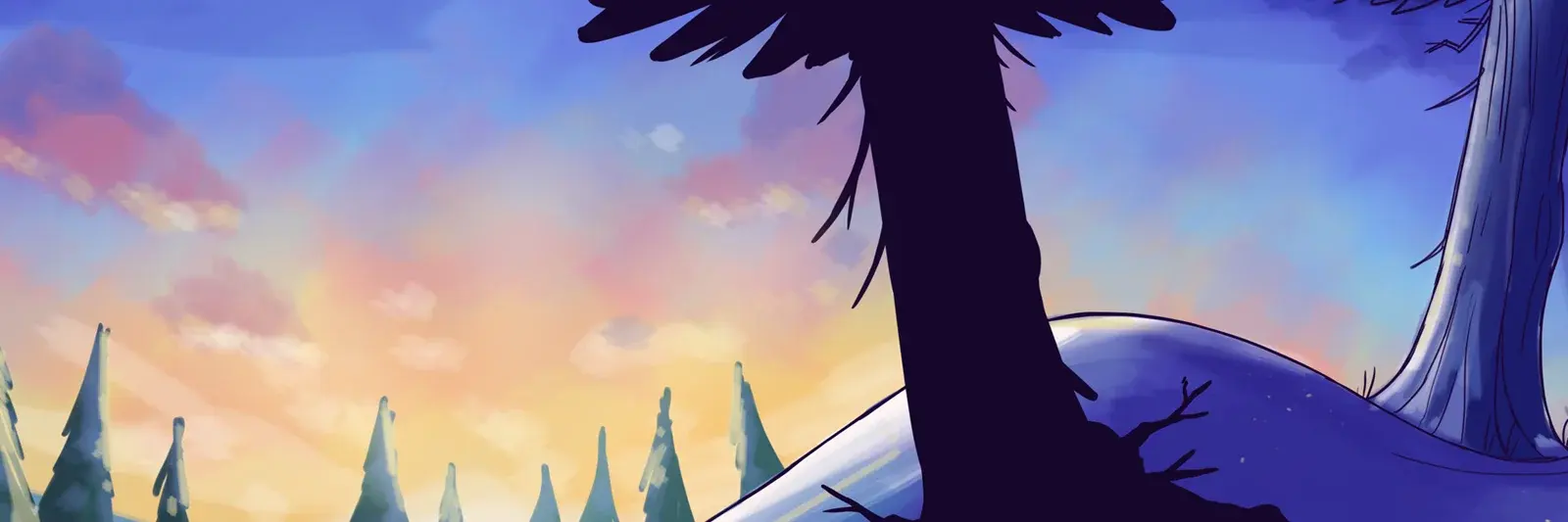 2D animation background art. A landscape 2D illustration from the Bucky the Unicorn Bear book, depicting a stylised landscape with tall, dark silhouetted trees in the foreground, rolling blue hills in the background, and a colourful sky with pink, orange, and blue hues. Created by Spirit Bridge Studio.