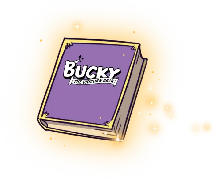 Spirit Bridge Studio's upcoming children picture book: a 2D cartoon illustration of a closed book with a purple cover, titled 'Bucky the Unicorn Bear'. The book has a yellow glowing effect around it.