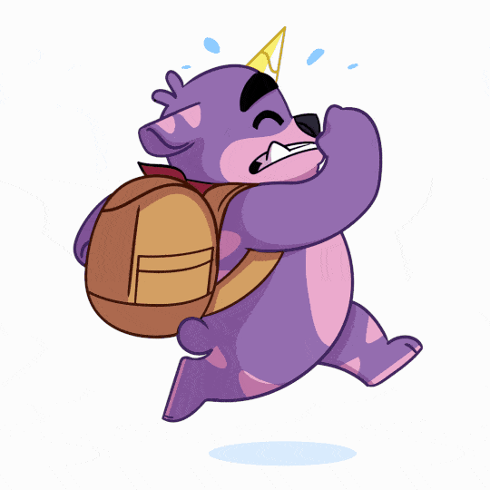 Close up 2D animation of Bucky the Unicorn Bear, a purple & pink cartoon 2D (original) character with a glowing unicorn horn, black eyebrows, a backpack, and a red bandana, running. Created by Ben Barter @ Spirit Bridge Studio.