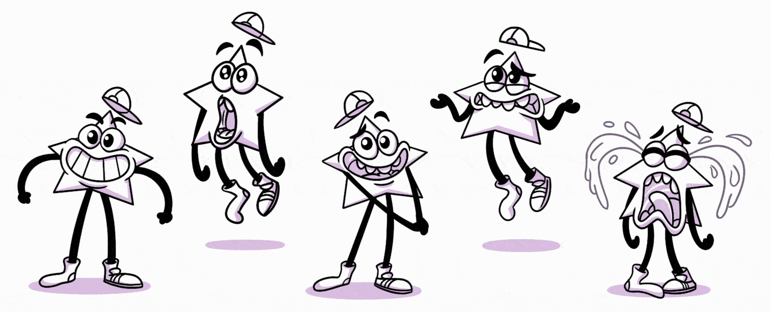 Five cartoon star shaped 2D character expressing different emotions: happy, amazed, adored, confused, and sad. He has thin black limbs, and are wearing baseball caps, socks (right foot) and sneakers (left foot). Original art from Spirit Bridge Studio.