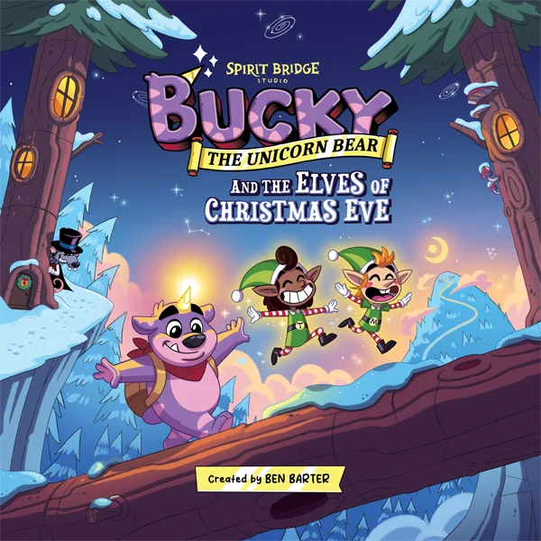The front cover of the book, Bucky the Unicorn Bear and The Elves of Christmas Eve. The illustration shows Bucky, a joyful purple unicorn bear, running across a snowy log at night with two happy elves, Tappy and Marty. In the background, the villain Ricky Rat hides behind a tree.