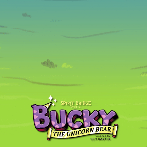 A scene with Bucky The Unicorn Bear, from the animated series. This is Bucky's hero landing, after jumping from a tree. The video contains Bucky's logo, centre bottom.