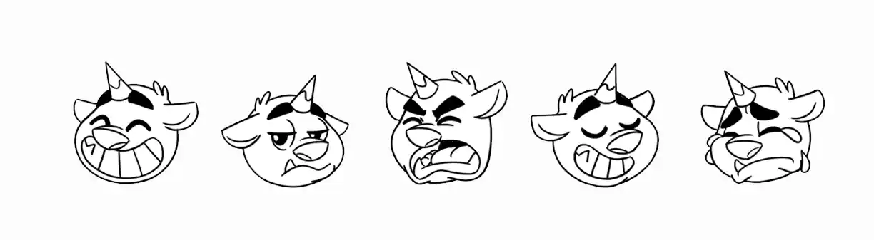 A concept art expression sheet for Bucky the Unicorn Bear, shown in black and white line art. It features five headshots of Bucky in a row, displaying a range of emotions: joyful, annoyed, angry, smug, and crying.