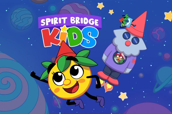 An original 2D animation illustration from Spirit Bridge Kids, the studio's digital content channel. The image features the cheerful character Sunny flying through space alongside Grandpa Roots and the small green character Bluebell, with the Spirit Bridge Kids logo in the corner.