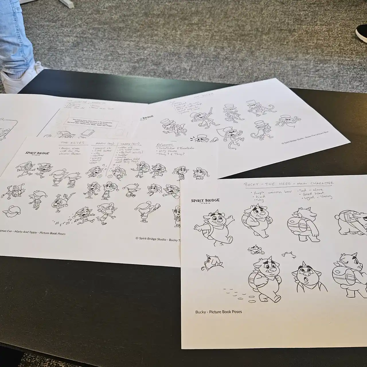 A photo of several character design sheets from Spirit Bridge Studio, featuring 2D sketches of Bucky the Unicorn Bear, the elves Tappy and Marty, and Ricky Rat. These sheets, showing various poses, were used during the "Smile for Us" song production.